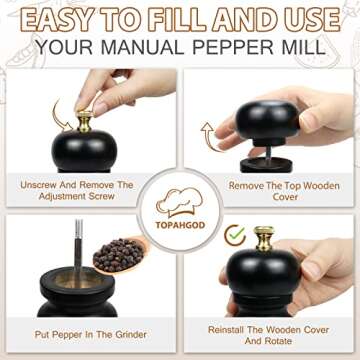 Salt and Pepper Grinders Set of 2, Manual Pepper Mill & Salt Grinder with Adjustable Ceramic Rotor & Stainless Steel Gasket, Refillable Black Salt & Pepper Shakers for BBQ Restaurant Kitchen