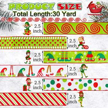 6 Rolls 30 Yards Christmas Wired Edge Ribbon - Elf Hats Legs Multi Dots Swirl Stripe Decorations for...