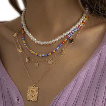ELABEST Layered Pearl Necklace Gold Colorful Beaded Chain Sequins Pendent Beach Party Nightclub Cost...