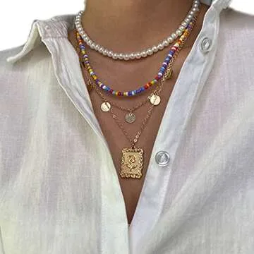 ELABEST Layered Pearl Necklace Gold Colorful Beaded Chain Sequins Pendent Beach Party Nightclub Costume Jewelry for Women