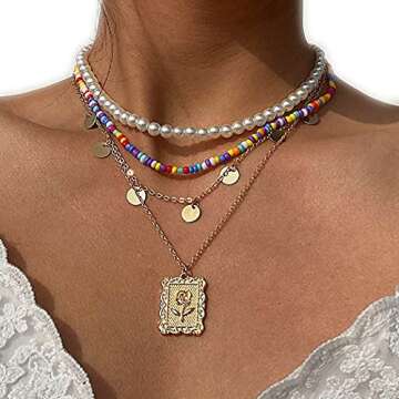 ELABEST Layered Pearl Necklace Gold Colorful Beaded Chain Sequins Pendent Beach Party Nightclub Costume Jewelry for Women