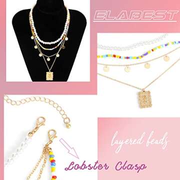 ELABEST Layered Pearl Necklace Gold Colorful Beaded Chain Sequins Pendent Beach Party Nightclub Costume Jewelry for Women