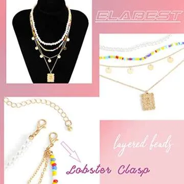 ELABEST Layered Pearl Necklace Gold Colorful Beaded Chain Sequins Pendent Beach Party Nightclub Costume Jewelry for Women