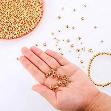 WILLBOND 1200 Pieces Round Beads Smooth Ball Beaded Spacer Beaded Seamless Loose Ball Embellishments with Holes for Stackable Bracelet Jewelry Making Craft, 8 Mm, 6 Mm, 4 mm(Gold)