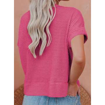 Eytino Womens Plus Size Tops Summer Casual Short Sleeve Waffle Knit Cardigan V Neck Solid Button Up Tops,5X Rose Red