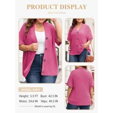 Eytino Womens Plus Size Tops Summer Casual Short Sleeve Waffle Knit Cardigan V Neck Solid Button Up Tops,5X Rose Red