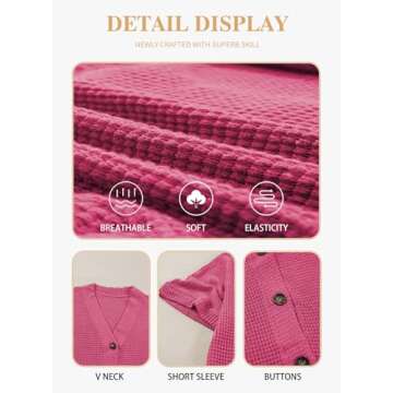 Eytino Womens Plus Size Tops Summer Casual Short Sleeve Waffle Knit Cardigan V Neck Solid Button Up Tops,5X Rose Red