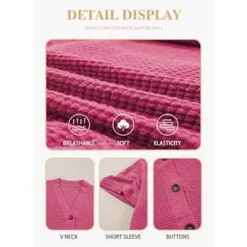 Eytino Womens Plus Size Tops Summer Casual Short Sleeve Waffle Knit Cardigan V Neck Solid Button Up Tops,5X Rose Red