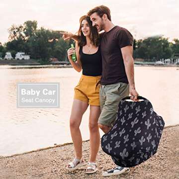 Metplus Baby Car Seat Cover, Infant Carseat Canopy, Nursing Breastfeeding Cover, Stretchy Carrier Covers for Stroller/Shopping Cart, Newborn Registry & Shower Gift for Boys Girls - Black Cactus