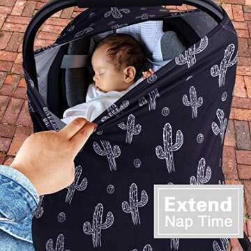 Metplus Baby Car Seat Cover, Infant Carseat Canopy, Nursing Breastfeeding Cover, Stretchy Carrier Covers for Stroller/Shopping Cart, Newborn Registry & Shower Gift for Boys Girls - Black Cactus