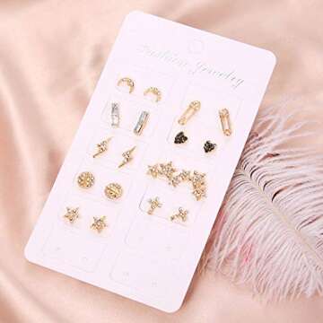 Asooll 9Pairs Star Heart Moon Multiple Stud Earrings set Fashion Stud Earring Set for Women