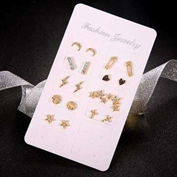 Asooll 9Pairs Star Heart Moon Multiple Stud Earrings set Fashion Stud Earring Set for Women