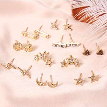 Asooll 9Pairs Star Heart Moon Multiple Stud Earrings set Fashion Stud Earring Set for Women