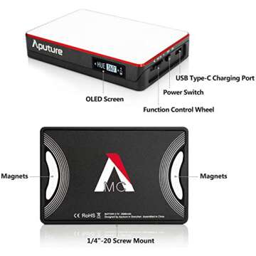 Aputure Amaran MC RGBWW Mini On Camera Video Light,3200K-6500K,CRI/TLCI 96+,HSI Mode,Support Magnetic Attraction and App with USB-C PD and Wireless Charging