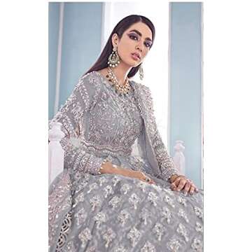 ETHNIC EMPORIUM Muslim Woman Abaya Bridal wedding Long Net Silver Sequin Embellished Pakistani Anarkali dress 1120 (grey, m)