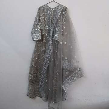 ETHNIC EMPORIUM Muslim Woman Abaya Bridal wedding Long Net Silver Sequin Embellished Pakistani Anarkali dress 1120 (grey, m)
