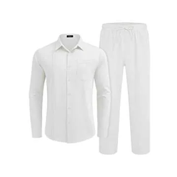COOFANDY Mens Coordinated Outfit 2 Piece Linen Shirts and Beach Pants Sets Summer Casual Loose Cuban Shirt Set, White, X-Large