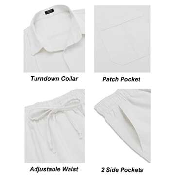 COOFANDY Mens Coordinated Outfit 2 Piece Linen Shirts and Beach Pants Sets Summer Casual Loose Cuban Shirt Set, White, X-Large