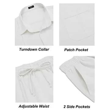 COOFANDY Mens Coordinated Outfit 2 Piece Linen Shirts and Beach Pants Sets Summer Casual Loose Cuban Shirt Set, White, X-Large