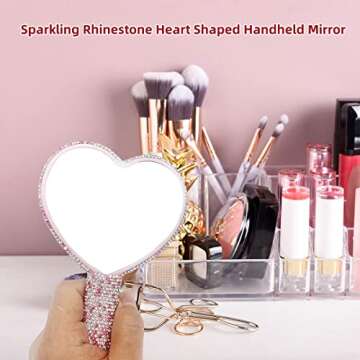 LOPURO Sparkling Rhinestone Heart Shaped Handheld Mirror, Rhinestone Handheld Heart Mirror Bling Glitter Cute Cosmetic Hand Mirror with Handle Portable Makeup Mirror for Women Travel