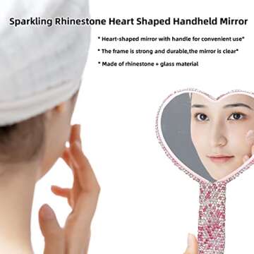 LOPURO Sparkling Rhinestone Heart Shaped Handheld Mirror, Rhinestone Handheld Heart Mirror Bling Glitter Cute Cosmetic Hand Mirror with Handle Portable Makeup Mirror for Women Travel