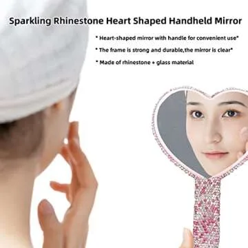 LOPURO Sparkling Rhinestone Heart Shaped Handheld Mirror, Rhinestone Handheld Heart Mirror Bling Glitter Cute Cosmetic Hand Mirror with Handle Portable Makeup Mirror for Women Travel