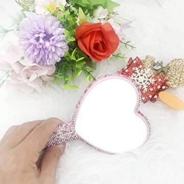 LOPURO Sparkling Rhinestone Heart Shaped Handheld Mirror, Rhinestone Handheld Heart Mirror Bling Glitter Cute Cosmetic Hand Mirror with Handle Portable Makeup Mirror for Women Travel