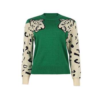 JUNBOON Women’s Casual Leopard Print Knitted Pullover Sweaters Long Sleeve Crew Neck Jumper Tops Green