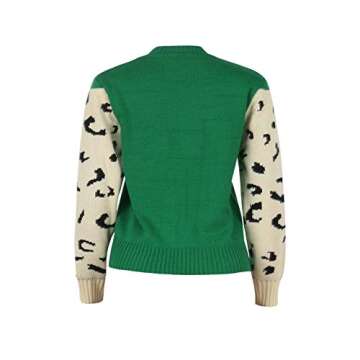 JUNBOON Women’s Casual Leopard Print Knitted Pullover Sweaters Long Sleeve Crew Neck Jumper Tops Green