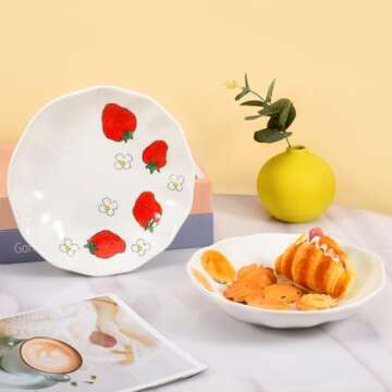 Koythin Salad Bowls, Dinner Plates, Ceramic Handmade Dessert Appetizer Diet Bowl, 8-Inch Stoneware Plate for Home kitchen and Party Decorations, Microwave and Dishwasher Safe (Strawberry)