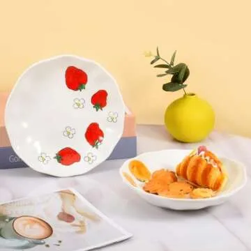 Koythin Salad Bowls, Dinner Plates, Ceramic Handmade Dessert Appetizer Diet Bowl, 8-Inch Stoneware Plate for Home kitchen and Party Decorations, Microwave and Dishwasher Safe (Strawberry)