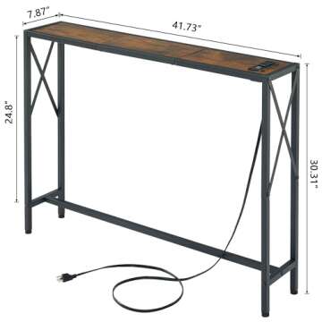 Gewudraw Console Table with 2 AC Oulets & 2 USB Ports, 41.8" Narrow Sofa Table, Entryway Table, Industrial Sofa Table for Hallway, Living Room, Bedroom, Long Console Table, 6.5 Feet Power Cord
