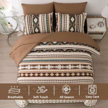 Dinjoy Boho King Size Bed in A Bag 7 Pieces,Brown/Coffee Comforter Set Aztec Striped Bedding Set Boh...