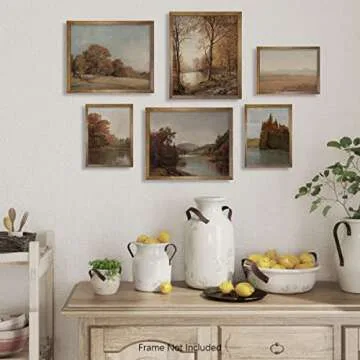 Rustic Farmhouse Wall Art Decor - Boho Art Deco Landscape Pictures for Bathroom - French Country Kitchen Print Posters - Neutral Aesthetic Vintage CottageCore - Fall Autumn Lake River Nature Meadow