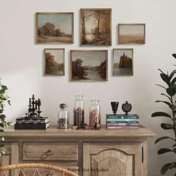 Rustic Farmhouse Wall Art Decor - Boho Art Deco Landscape Pictures for Bathroom - French Country Kitchen Print Posters - Neutral Aesthetic Vintage CottageCore - Fall Autumn Lake River Nature Meadow