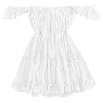 ZAFUL Women's Off-Shoulder Summer Mini Dress Casual A-line Swing Short Dresses Bowknot Ruffle Beach Sundress (L-White,S)