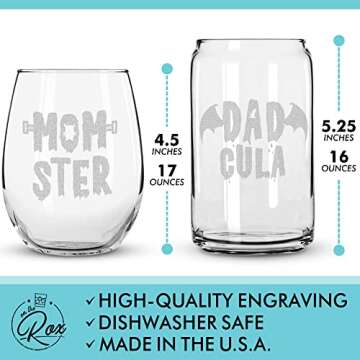 On The Rox Drinks Halloween Wine Glass Gifts for Mom and Dad -”DADcula and MOMster 2PC Wine Glass ...