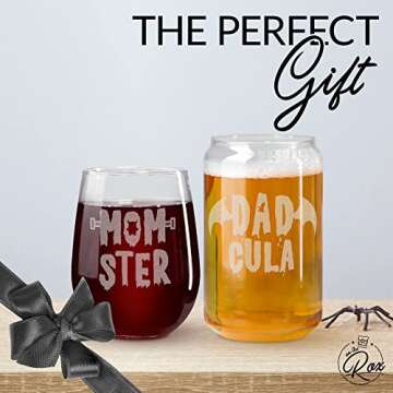 On The Rox Drinks Halloween Wine Glass Gifts for Mom and Dad -”DADcula and MOMster 2PC Wine Glass Set - Halloween Cups, Halloween Tumbler, Drinking Glassware - Spooky Ghost Gifts