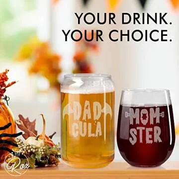 Elegant Halloween Wine Glasses - DADcula & MOMster Gift Set