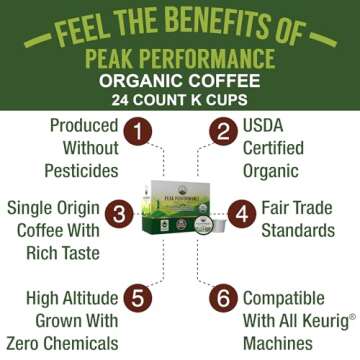 Peak Performance Organic Coffee Pods. Low Acid K-CUP Keurig Compatible High Altitude USDA Organic Coffee. Fair Trade Beans Medium Roast Single Serve 24 Count Recyclable Cups For High Performers