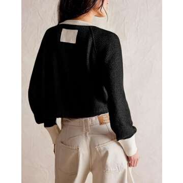 PUWEI Women's Cropped Cardigan Sweaters Casual Long Sleeve Button Up Cardigans Color Block Crewneck ...