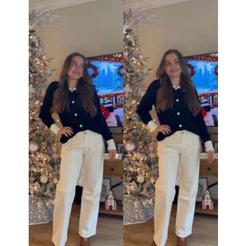 PUWEI Women's Cropped Cardigan Sweaters Casual Long Sleeve Button Up Cardigans Color Block Crewneck Knit Outwear Jackets (Black-S)