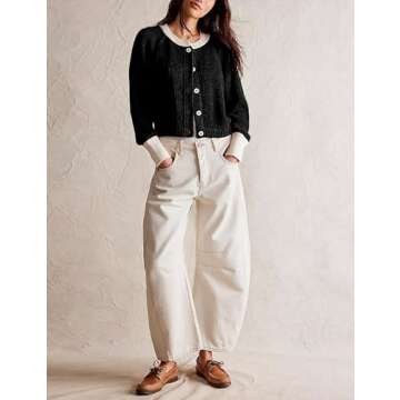 PUWEI Women's Cropped Cardigan Sweaters Casual Long Sleeve Button Up Cardigans Color Block Crewneck Knit Outwear Jackets (Black-S)