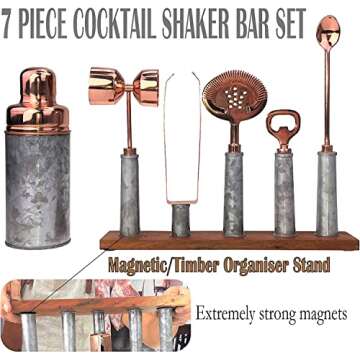 Galrose Dezigns Cocktail Shaker Set - 6 Bar Tools Bar Accessories Rustic Galvanized Iron Bar Set Rose Gold Trim - Mixology Bartender Kit with Stand. Unique Gift for 6th Iron Anniversary for Couple
