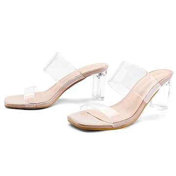 mysoft Clear Heels for Women Transparent Two Strap Block Chunky Square Heel Sandals Open Toe Slip On Sandals