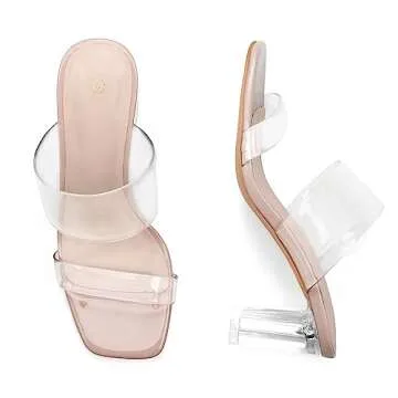 mysoft Clear Heels for Women Transparent Two Strap Block Chunky Square Heel Sandals Open Toe Slip On Sandals
