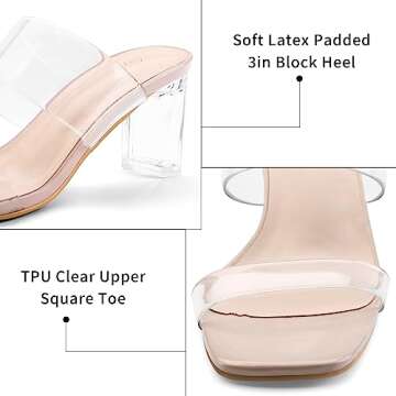 mysoft Clear Heels for Women Transparent Two Strap Block Chunky Square Heel Sandals Open Toe Slip On Sandals
