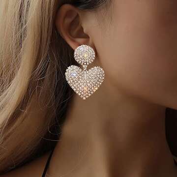 Women Full Rhinestones Sparkling Crystal Heart Love Earrings Hand Chain Drop Dangle Earrings Jewelry...