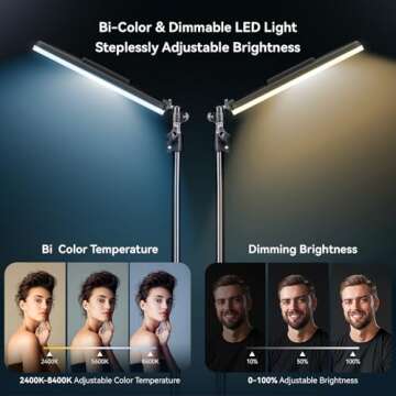 2-Pack LED Photography Video Lighting, 15W Studio Lights with 51.2'' Tripod Stand, 2800-8400K Dimmable USB Continuous Lighting for Video Recording/YouTube/TikTok/Live Streaming/Make up/Vlogging