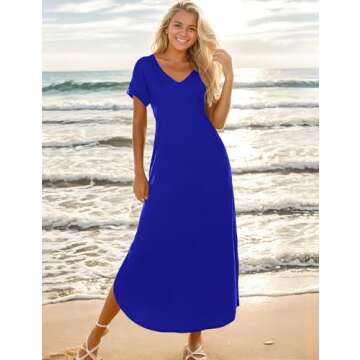 Zilcremo Women Summer Casual Maxi Dress Loose Pockets Short Sleeve Split Boho Dresses RoyalBlue M